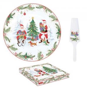 R2S.1112JOYF Porcelán tortatál lapáttal, 32cm, dobozba, Joyful Santa