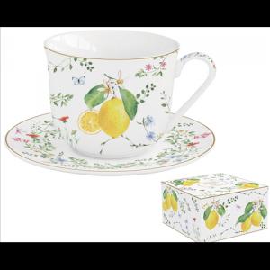 R2S.1182FCIT Porcelán reggelizőcsésze+alj 370ml dobozban, Fleur et Citrons