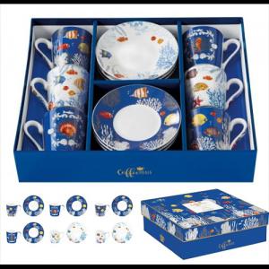 R2S.126AQRM Porcelán eszpresszócsésze+alj 6 személyes 100ml dobozban,Aquarium, Coffee Mania