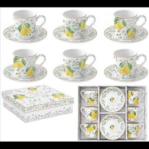 R2S.126FCIT Porcelán eszpresszócsésze+alj 6 személyes, 100ml, dobozban, Coffee Mania, Fleurs et Citrons