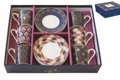 R2S.126PECK Porcelán eszpresszócsésze+alj 6 személyes, 100 ml dobozban,Coffee Mania Peacock