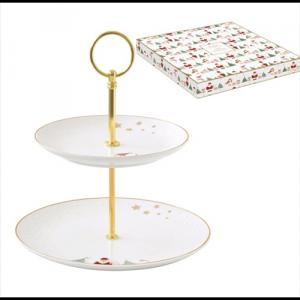 R2S.1339LSNO Porcelán süteményes állvány 2 emeletes, 16/21cm, dobozban, Let it Snow