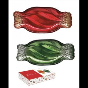 R2S.1415CTGG Szaloncukor üvegtál 2 db-os szett, piros-zöld, 20,5x9cm, dobozban, Christmas Twist