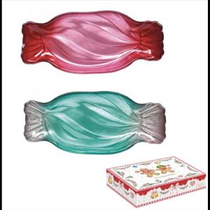 R2S.1415SWGB Üvegtálszett 2 db-os, 20,5x9cm, szaloncukor forma, dobozban, Sweet Christmas