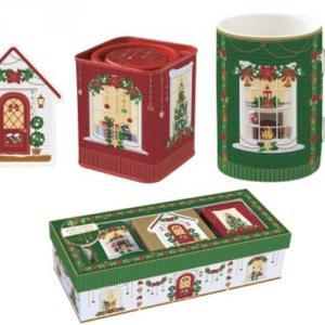 R2S.1445FEAV Porcelánbögre 350ml+teafiltertartó 8,5x10,5cm+fémdoboz 7,5x7,5x9cm, ajándékszett dobozban, Festive Avenue Atmosphere
