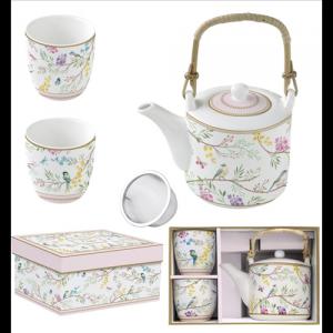 R2S.1467BIME Porcelán teáskanna 600ml, fémszürővel, 2 porcelánpohárral 160ml, dobozban, Birds Melody