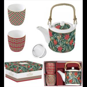 R2S.1467CJOY Porcelán teáskanna 600ml, fémszürővel, 2 porcelánpohárral 160ml, dobozban, Atmosphere, Christmas Joy