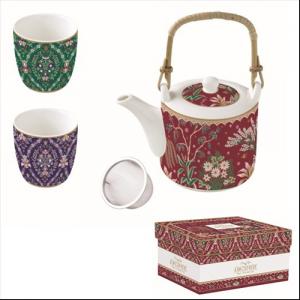 R2S.1467ECLE Porcelán teáskanna 600ml, fémszürővel, 2 porcelánpohárral 160ml, dobozban, Atmosphere, Eclectic Chic