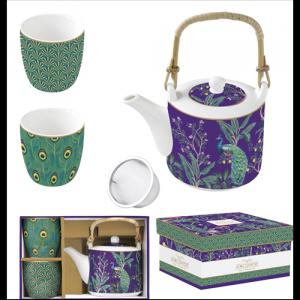 R2S.1467IMPP Porcelán teáskanna 600ml, fémszűrővel, 2 porcelánpohárral 160ml, dobozban, Imperial Peacock, Atmosphere