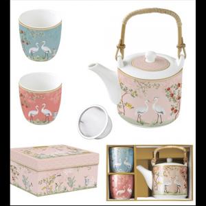 R2S.1467JARR Porcelán teáskanna 600ml,fémszűrővel,2 porcelánpohárral 160ml,dobozban,Jardin de Reves, Atmosphere