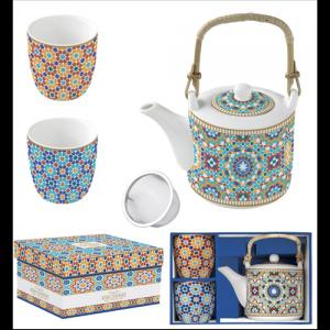 R2S.1467MARR Porcelán teáskanna 600ml, fémszűrővel, 2 porcelánpohárral 160ml, dobozban, Marrakech, Atmosphere