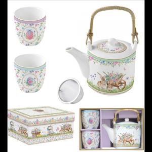 R2S.1467SPBL Porcelán teáskanna 600ml, fémszürővel, 2 porcelánpohárral 160ml, dobozban,Spring Bloom