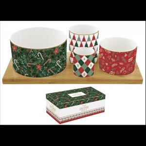 R2S.1468FACH Porcelán kínálótál 4 db-os szett:11,5/8/6,5/4,5cm átmérő, bambusztálcán 29x13cm, Atmosphere, Fancy Christmas