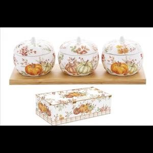 R2S.1576HARV Porcelántálka fedővel, 3 db, tökformájú, bambusztálcán 28x9,5x9cm, dobozban, Harvest