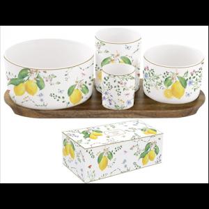 R2S.2073FCIT Porcelán kínálótálka szett 4db-os(dia:12/8/6,5/4,5cm),akácfa tálcán 29x13cm, dobozban, Fleurs et Citrons