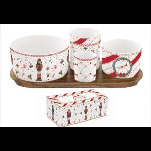 R2S.2073NTWI Porcelán kínálótálka szett 4db-os(dia:11,5/8/6,5/4,5cm),akácfa tálcán 29x13cm, dobozban, Nutcracker Twist