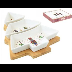 R2S.2180NUTC Fenyőfa porcelántál szett 3 részes, bambusztálcán 25,5x21cm, dobozban, Nutcracker