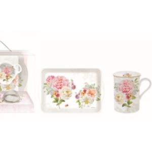 R2S.306ROLC Teázós szett porcelánbögrével, 250ml,műanyag  kistálcával, teafiltertartóval és fémszűrővel, Romantic Lace