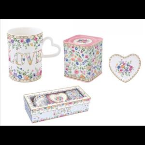 R2S.3108MAMO Porcelánbögre 350ml, +teafiltertartó 9x10cm+fémdoboz 7,5x7,5x9cm, ajándékszett dobozban, Mon amour