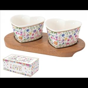 R2S.3113MAMO Porcelán szívtálka 2 db, akácfa tálcán 21x10cm, dobozban, Mon Amour