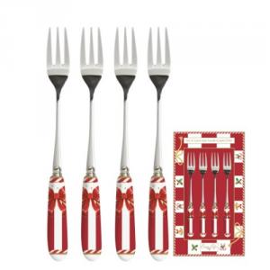 R2S.969CTAL Rozsdamentes süteményes villaszett 4 db-os, porcelánnyéllel, Christmas Tale