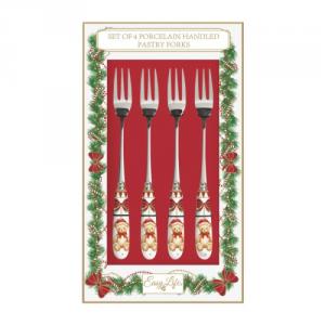 R2S.969MNOE Rozsdamentes süteményes villaszett 4 db-os, porcelánnyéllel, Magie de Noel