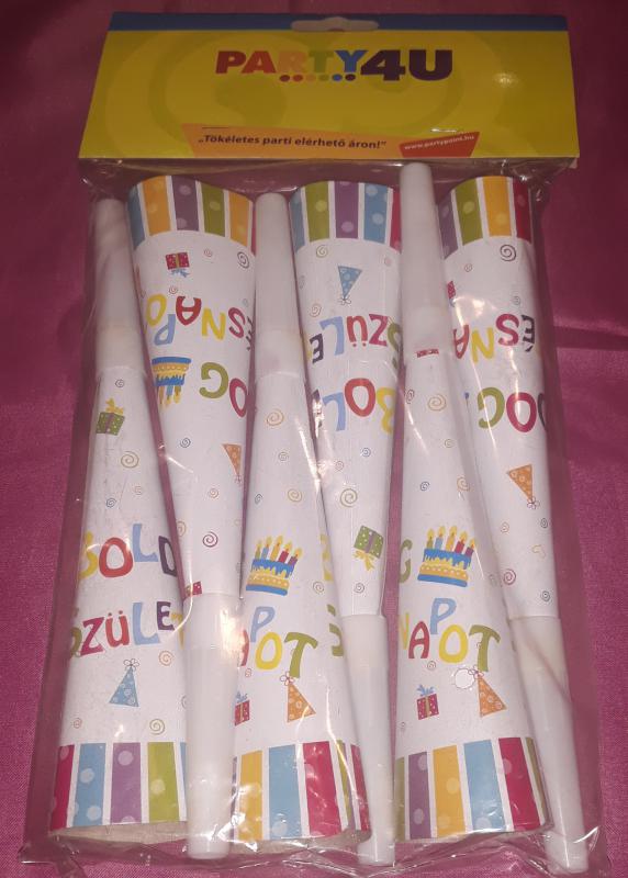 Trombita Boldog születésnapot felirattal, 19 cm, 6 db