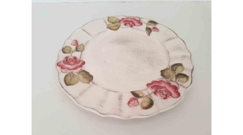 Vanilia Kerámia 30-25 Domború mintás lapostányér, bordó virágos, kézzel festett, V.K.30-25