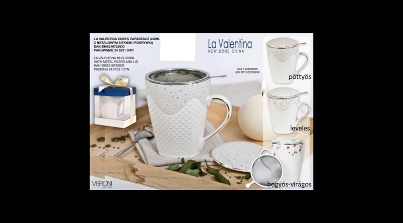 V.B.20833 La Valentina porcelánbögre tetővel, fémszűrővel, 430ml