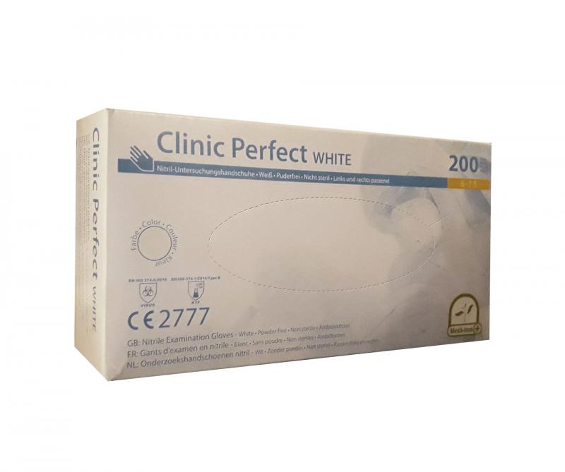 Clinic Perfect White /  200darab/doboz -  Egyszerhasználatos Nitril kesztyű púdermentes S-es méret / Fehér