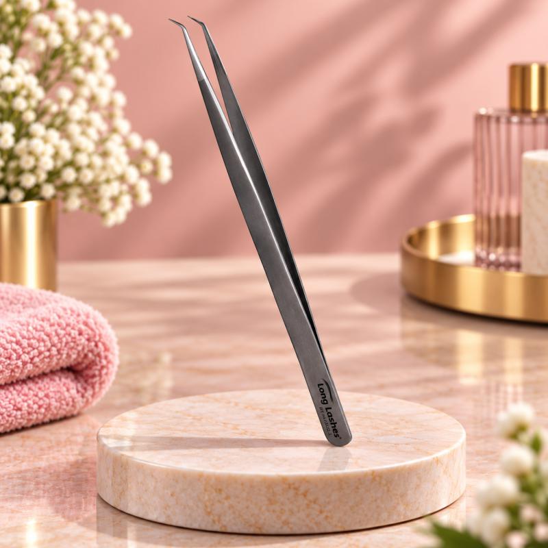 Long Lashes szempilla csipesz, keskeny hajlított, ezüst (LLA33013) 14 cm
