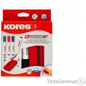Tábla- és flipchart marker készlet mágneses táblatörlő szivaccsal, 1-3 mm, kúpos KORES, 4