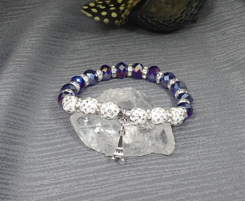 Csajos, csillogós karkötő Eiffel-toronnyal, sötétkék