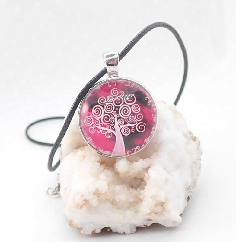 Életfa mintás medál, pink-bordó