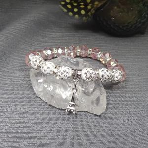 Csajos, csillogós karkötő Eiffel-toronnyal, világos rózsaszín