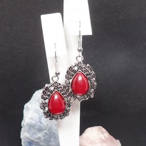 Fülbevaló antik, leveles kerettel, bordó