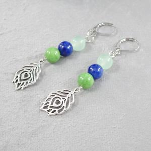 Páva fülbevaló, kék-zöld