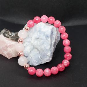 Rózsaszín achát és rózsakvarc karkötő hematittal