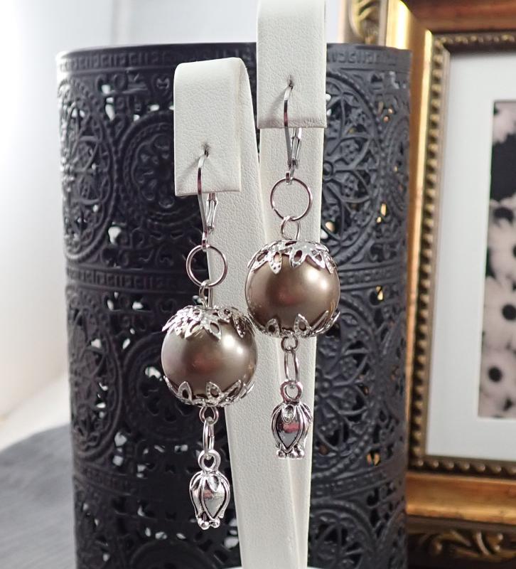 Fülbevaló, gyöngyös, rózsabimbós