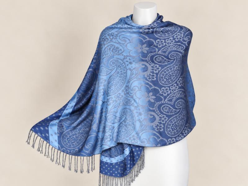 Kék-világoskék indás-virágos pashmina jellegű kendő