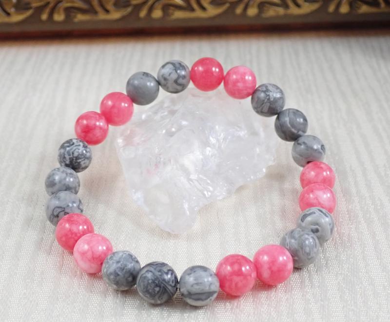 Képjáspis és jáde karkötő, rózsaszín 2