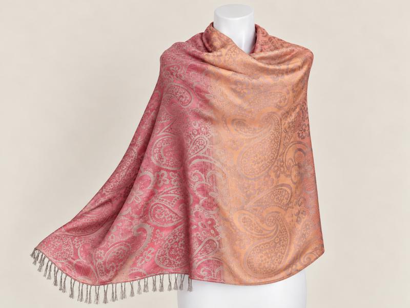 Korall-narancs indás-virágos pashmina jellegű kendő