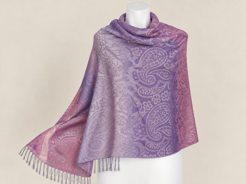 Lila-rózsaszín indás-virágos pashmina jellegű kendő