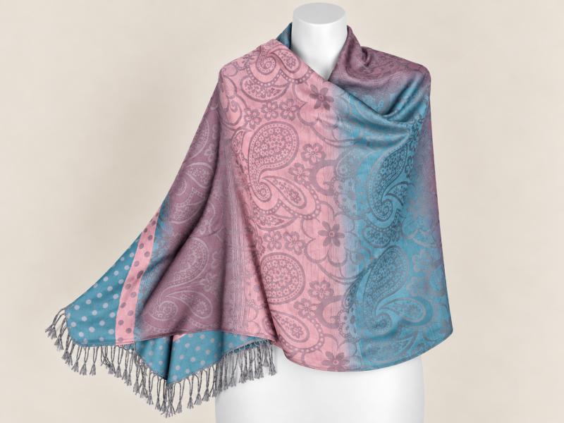 Mályva-kék indás-virágos pashmina jellegű kendő