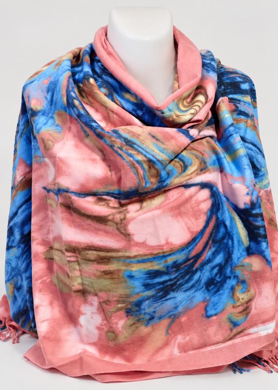 Márványos mintájú, kasmír jellegű sál – rózsaszín-kék