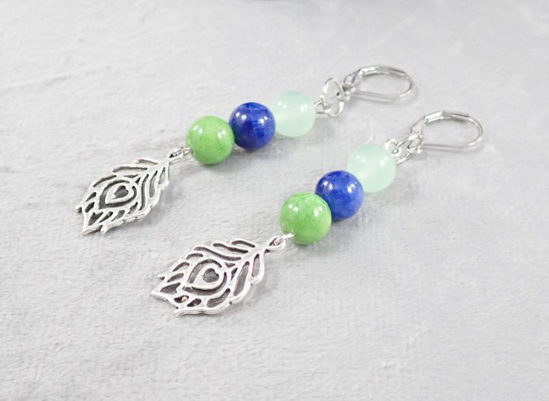 Páva fülbevaló, kék-zöld