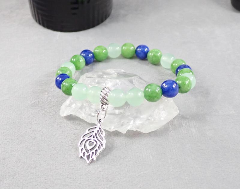 Páva karkötő, kék-zöld