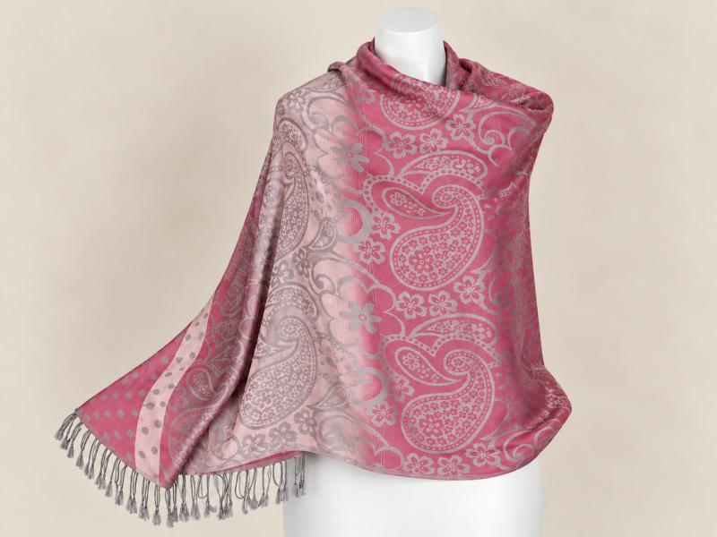 Pink-rózsaszín indás-virágos pashmina jellegű kendő