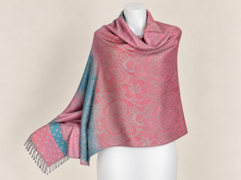 Pink-türkiz indás-virágos pashmina jellegű kendő