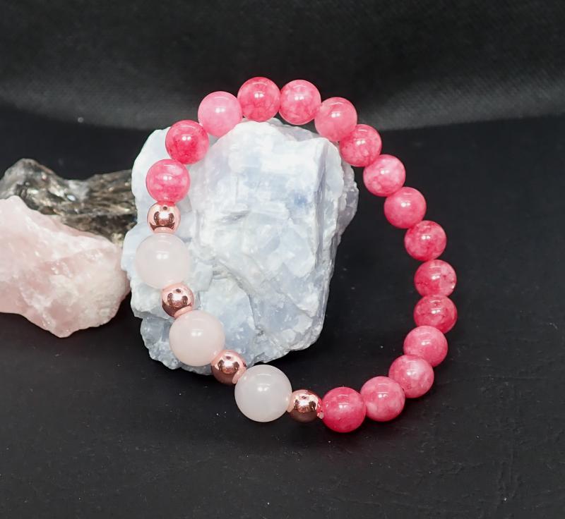 Rózsaszín achát és rózsakvarc karkötő hematittal